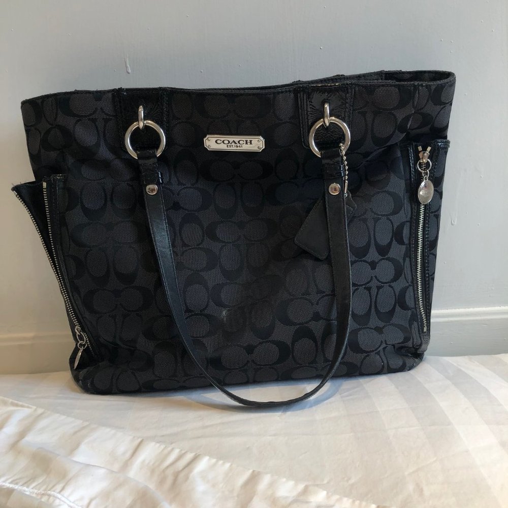 Black Coach Medium Zip Top Cloth Tote